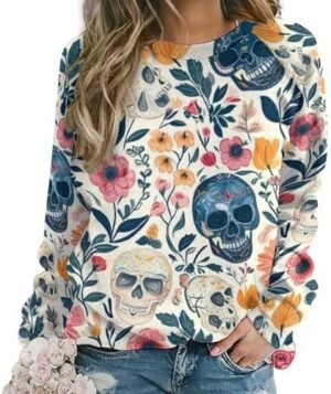 Women's Floral Skull Sweatshirts Flower 3D Printed Long Slee... Women's Floral Skull Sweatshirts Flower 3D Printed Long Slee...