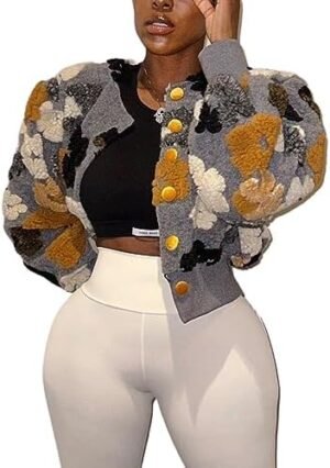 Womens Cropped Floral Print Jacket Warm Fleece Bomber Jacket... Womens Cropped Floral Print Jacket Warm Fleece Bomber Jacket...