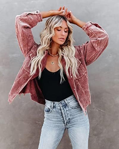 Womens Cropped Corduroy Jacket Casual Button Down Shacket Co...