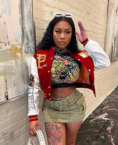NIFTRIRY Varsity Jacket Women Patch Casual Jacket Cropped Ja...