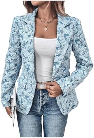 Floerns Women's Floral Jacquard Long Sleeve Blazers Open Fro...