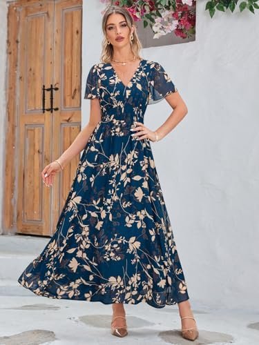 Simplee Women's Boho Floral Maxi Dress Flowy Casual V Neck S...