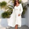 Women Tie Back Long Puff Sleeve Dress Sage Ruffle Wrap Rever...