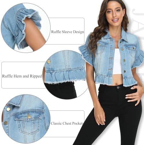MISS MOLY Women's Denim Jacket Ruffle Sleeve Button Down Dis...