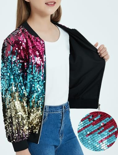 EXARUS Girls Sparkle Sequin Jacket with Pockets Glitter Ligh...