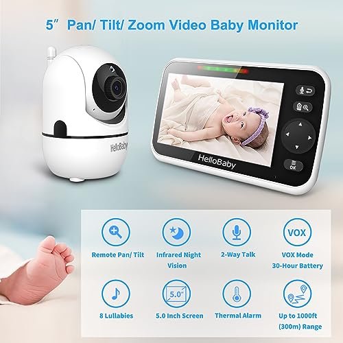 HelloBaby Upgrade Baby Monitor, 5'' Screen with 30-Hour Batt...