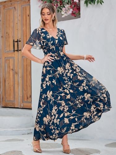 Simplee Women's Boho Floral Maxi Dress Flowy Casual V Neck S...