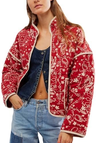 VAOYIU Women's Cropped Puffer Jacket Vintage Cardigan Floral...