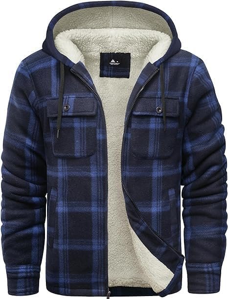 ZITY Men's Flannel Hooded Jacket Fleece Sherpa Lined Plaid S...