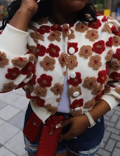 Womens Cropped Floral Print Jacket Warm Fleece Bomber Jacket...
