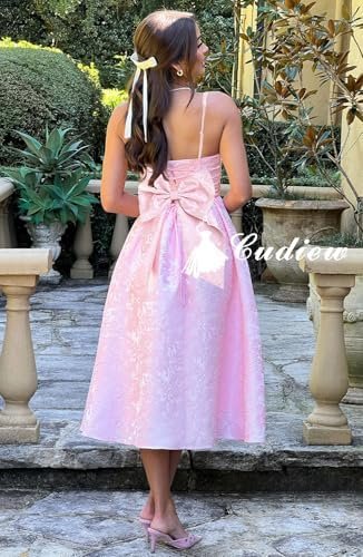 Cudiew Satin Jacquard Prom Dress Bow on Back Tea Length Cors...