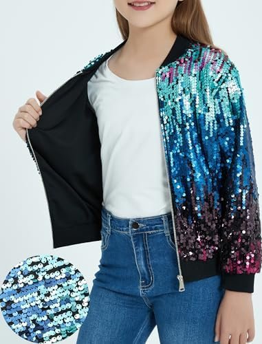 EXARUS Girls Sparkle Sequin Jacket with Pockets Glitter Ligh...