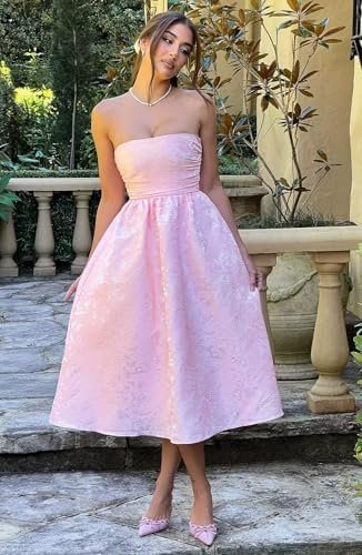 Strapless Jacquard Floral Satin Prom Dresses A Line Corset M...