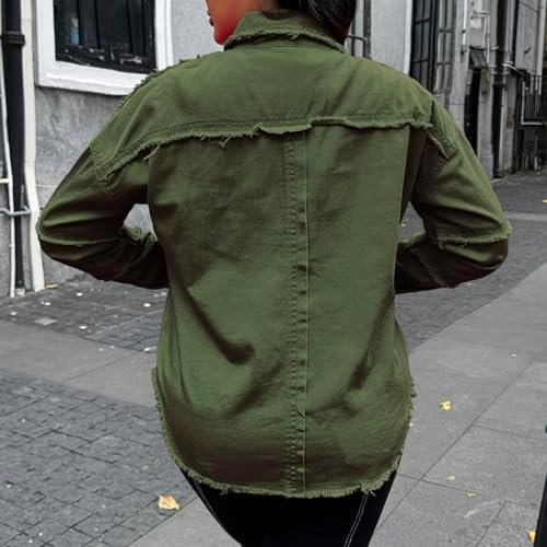 Women's Ripped Fringe Jean Jacket Oversized Button Down Long...