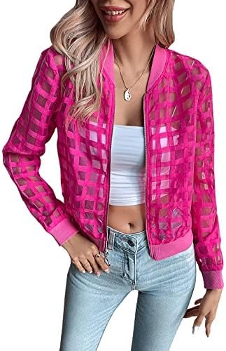 Floerns Women's Hollow Out Long Sleeve Baseball Collar Zip U...