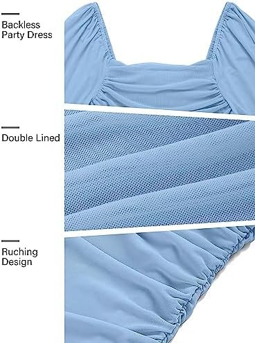 MEROKEETY Women's Long Puff Sleeve Ruched Bodycon Dress Squa...