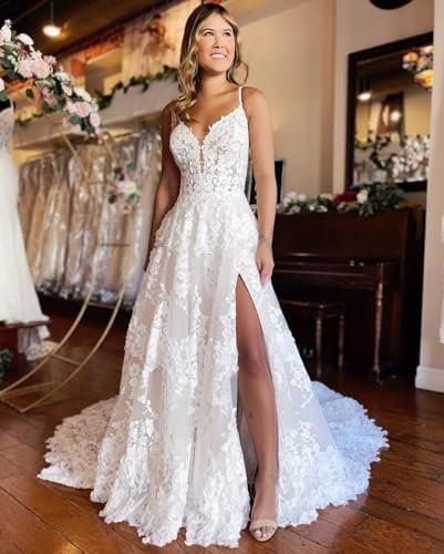 Dymaisei Spaghetti Straps Wedding Dresses with Slit Lace Bri...