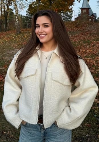 hathne Women's Wool Coat Casual Copped Bomber Jacket Zip Up ...