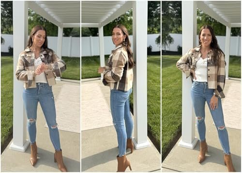 HOTOUCH Womens Flannels Fall Cropped Shacket Plaid Jacket Lo...