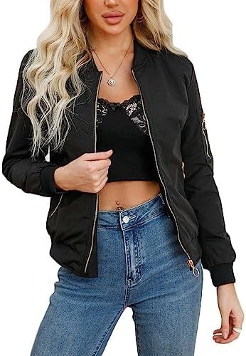 Women's Bomber Jacket Lightweight Varsity Zip Up Coat Casual...