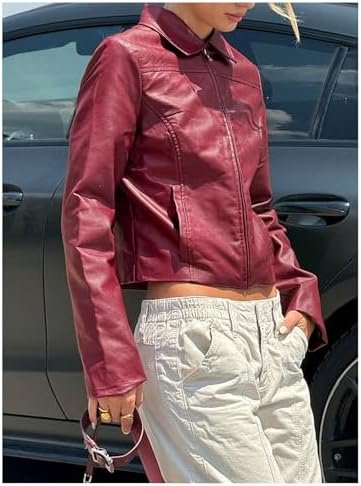 MakeMeChic Women's Crop Faux Leather Jacket Vintage Long Sle...