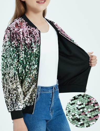 EXARUS Girls Sparkle Sequin Jacket with Pockets Glitter Ligh...