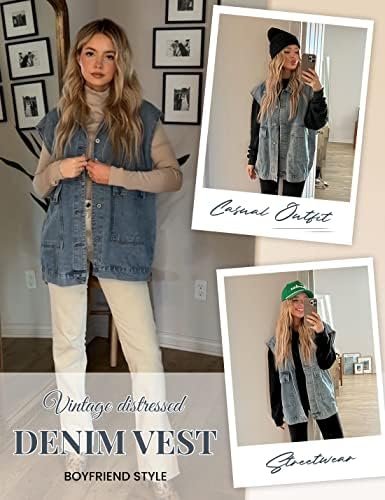 Huaqiao Womens Denim Vest Mid long Jacket Jean Sleeveless Ve...