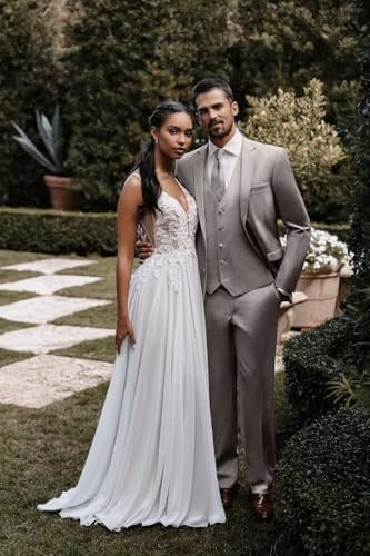 Boho Beach Wedding Dresses for Bride Lace Chiffon Backless B...