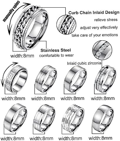 9Pcs 8MM Stainless Steel Band Rings for Men Women Chain Ring...
