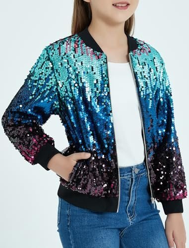 EXARUS Girls Sparkle Sequin Jacket with Pockets Glitter Ligh...