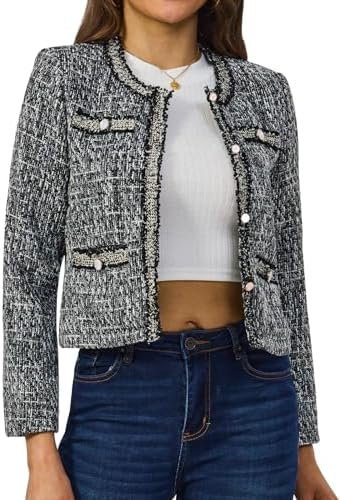 Xaspee Women's Tweed Blazers Cropped Long Sleeve Crewneck Op...