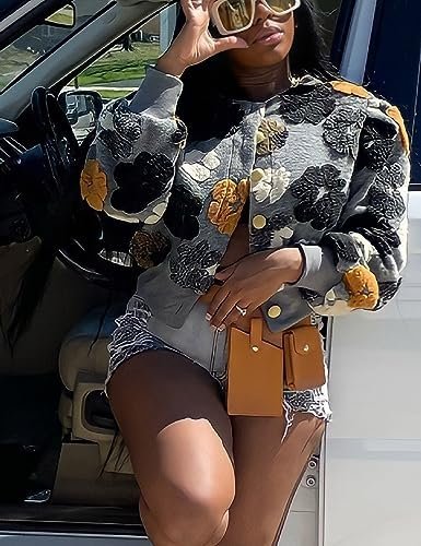 Womens Cropped Floral Print Jacket Warm Fleece Bomber Jacket...