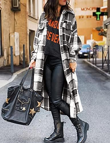 SKIKYAN Women Fall Flannel Plaid Shacket Jacket Oversized Bu...
