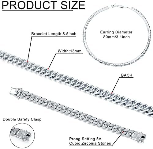 Batiyeer Cuban Link Chain Necklace Bracelet Rhinestone Earri...