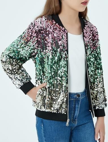 EXARUS Girls Sparkle Sequin Jacket with Pockets Glitter Ligh...