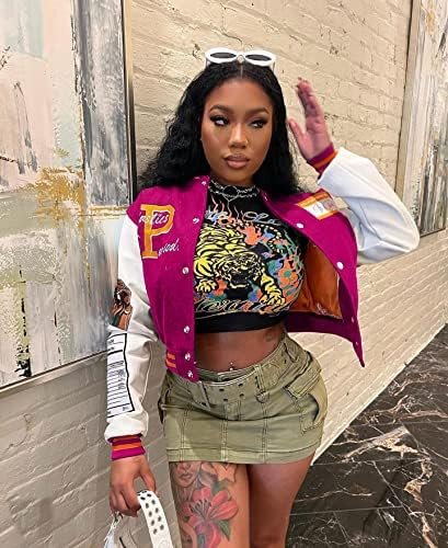 NIFTRIRY Varsity Jacket Women Patch Casual Jacket Cropped Ja...