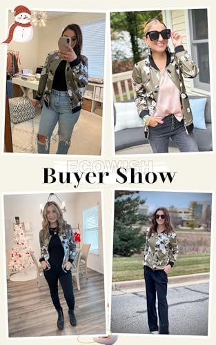 ECOWISH Women's Casual Floral Zip Up Bomber Jacket Coat Crew...