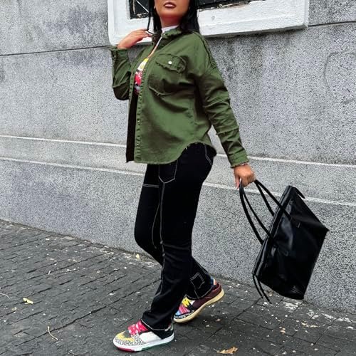 Women's Ripped Fringe Jean Jacket Oversized Button Down Long...