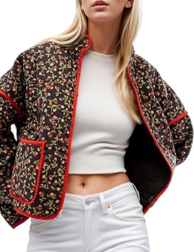 Yimoon Women's Cropped Puffer Quilted Jacket Vintage Floral ...