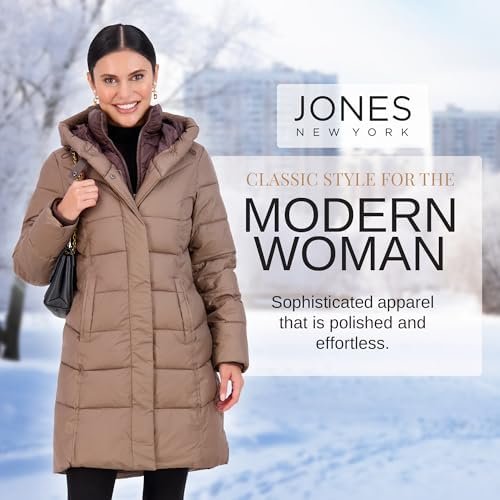 Jones NY Hooded Women's Puffer Jacket with Pillow Collar Bib...
