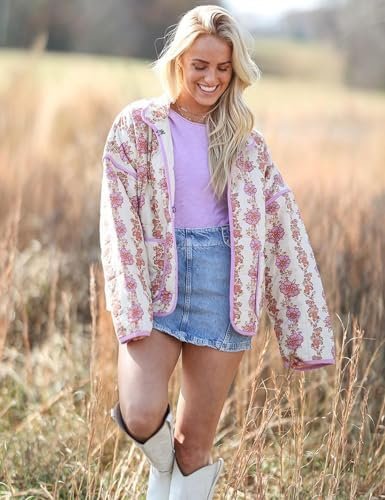 Yimoon Women's Cropped Puffer Quilted Jacket Vintage Floral ...