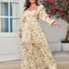 Women's Floral Puff Long Sleeve Maxi Dress Sexy Sweetheart C...