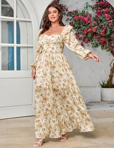 Women's Floral Puff Long Sleeve Maxi Dress Sexy Sweetheart C...