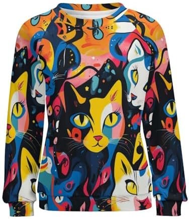 Womens Funny Cat Sweatshirt Long Sleeve Abstract Printed Cre...