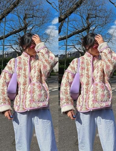 Yimoon Women's Cropped Puffer Quilted Jacket Vintage Floral ...