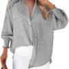 CHUOAND Womens Smocked Cuffed Striped Boyfriend Shirt Casual...