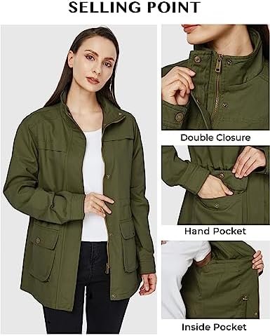 WenVen Women's Casual Military Jacket Cotton Stand Collar Ut...