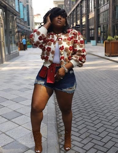 Womens Cropped Floral Print Jacket Warm Fleece Bomber Jacket...