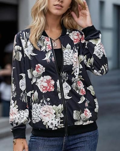 TIAFORD Womens Floral Print Zip Up Bomber Jacket Casual Loos...