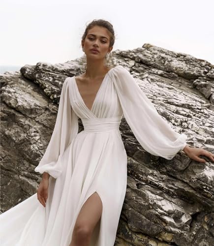 Beach Long Sleeve Wedding Dresses for Bride V Neck Empire Wa...